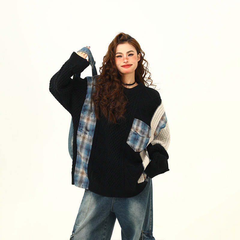 美式街頭拼接設計感毛衣女秋冬寬鬆慵懶嘻哈麻花針織衫