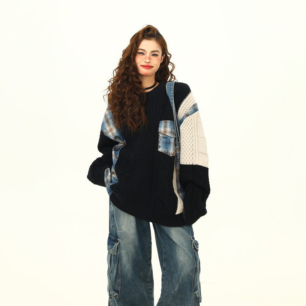 美式街頭拼接設計感毛衣女秋冬寬鬆慵懶嘻哈麻花針織衫