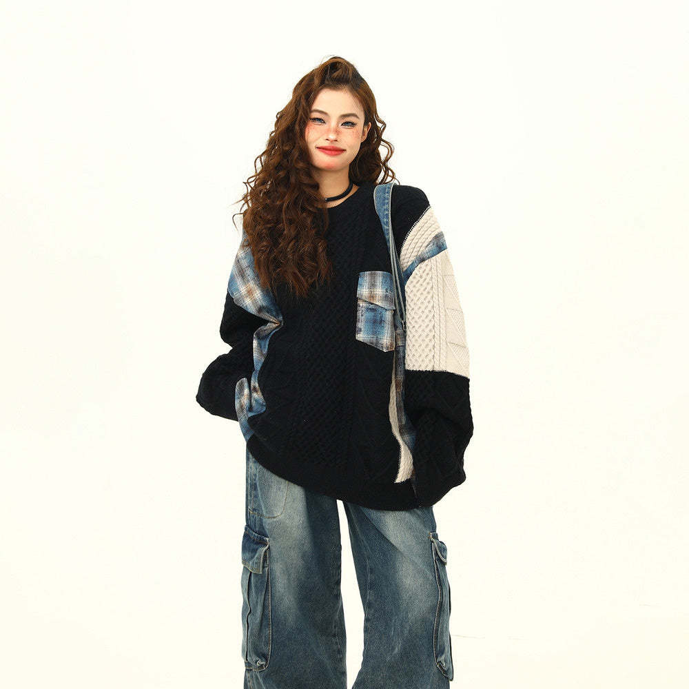 美式街頭拼接設計感毛衣女秋冬寬鬆慵懶嘻哈麻花針織衫