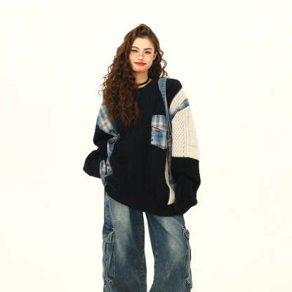 美式街頭拼接設計感毛衣女秋冬寬鬆慵懶嘻哈麻花針織衫