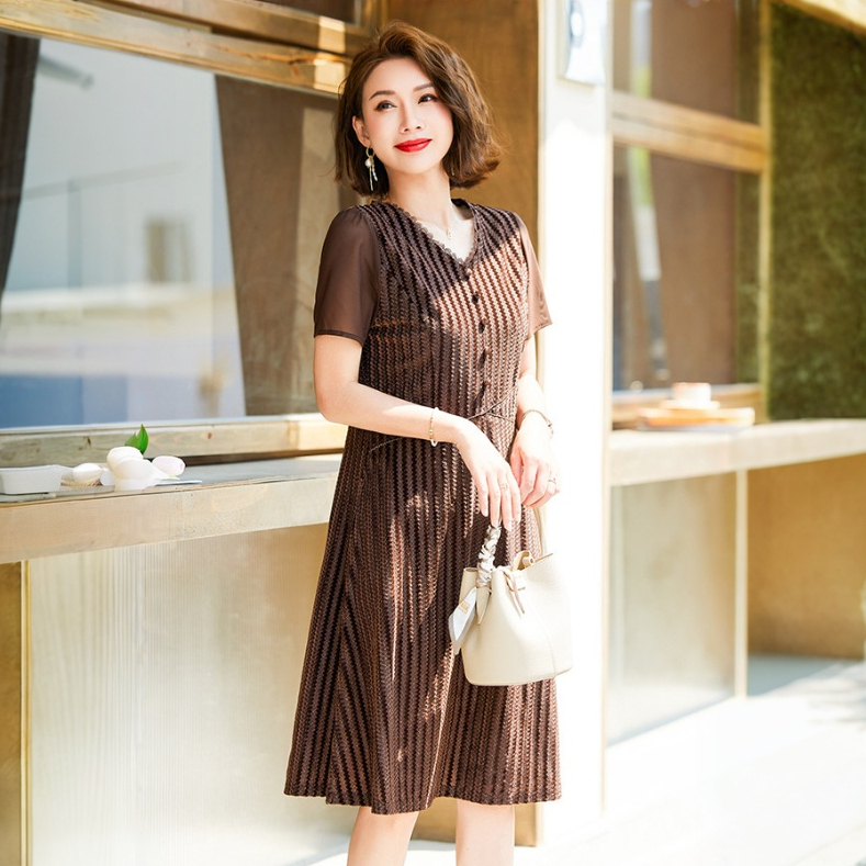 夏裝氣質連衣裙中年婦女長裙中老年夏季大碼短袖裙子