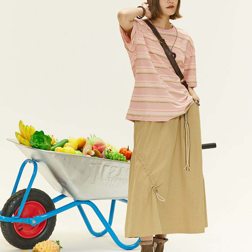 夏季新款設計感錯位抽繩半身裙復古顯瘦A字裙