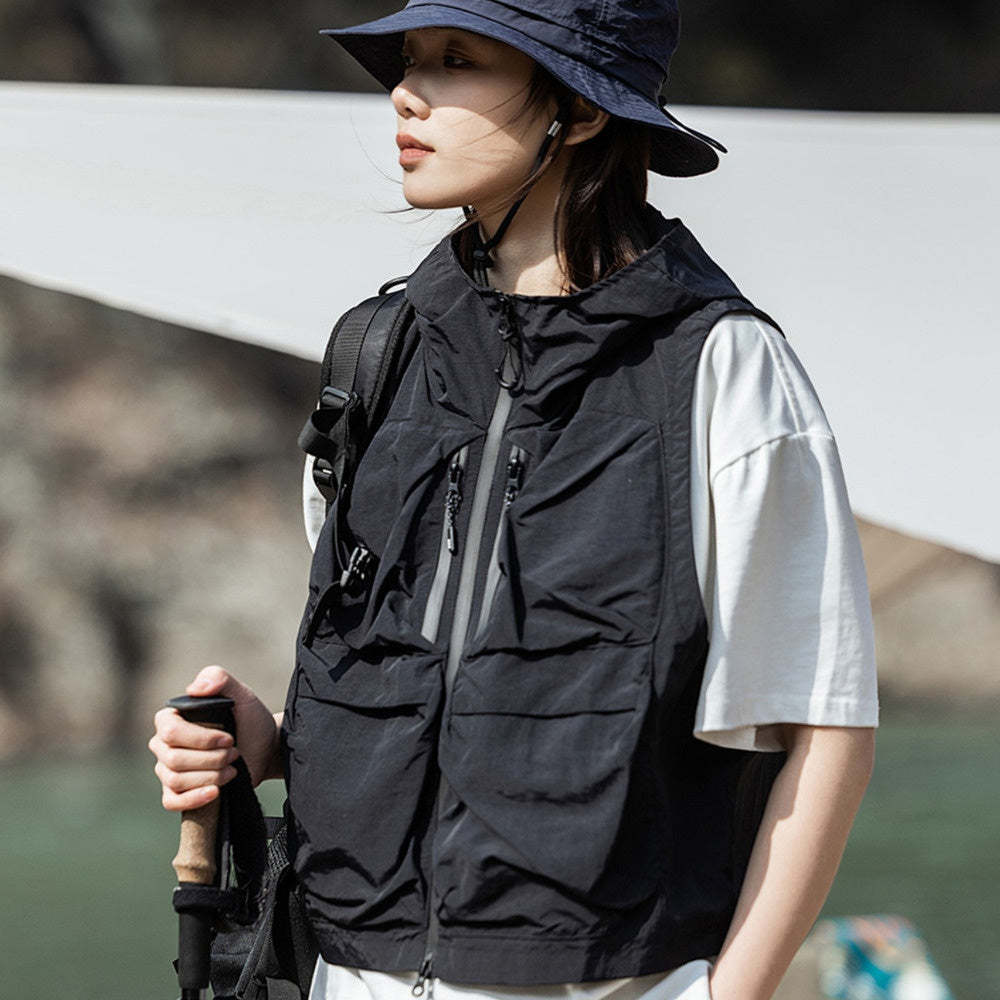 戶外機能立體口袋露營釣魚連帽馬甲女