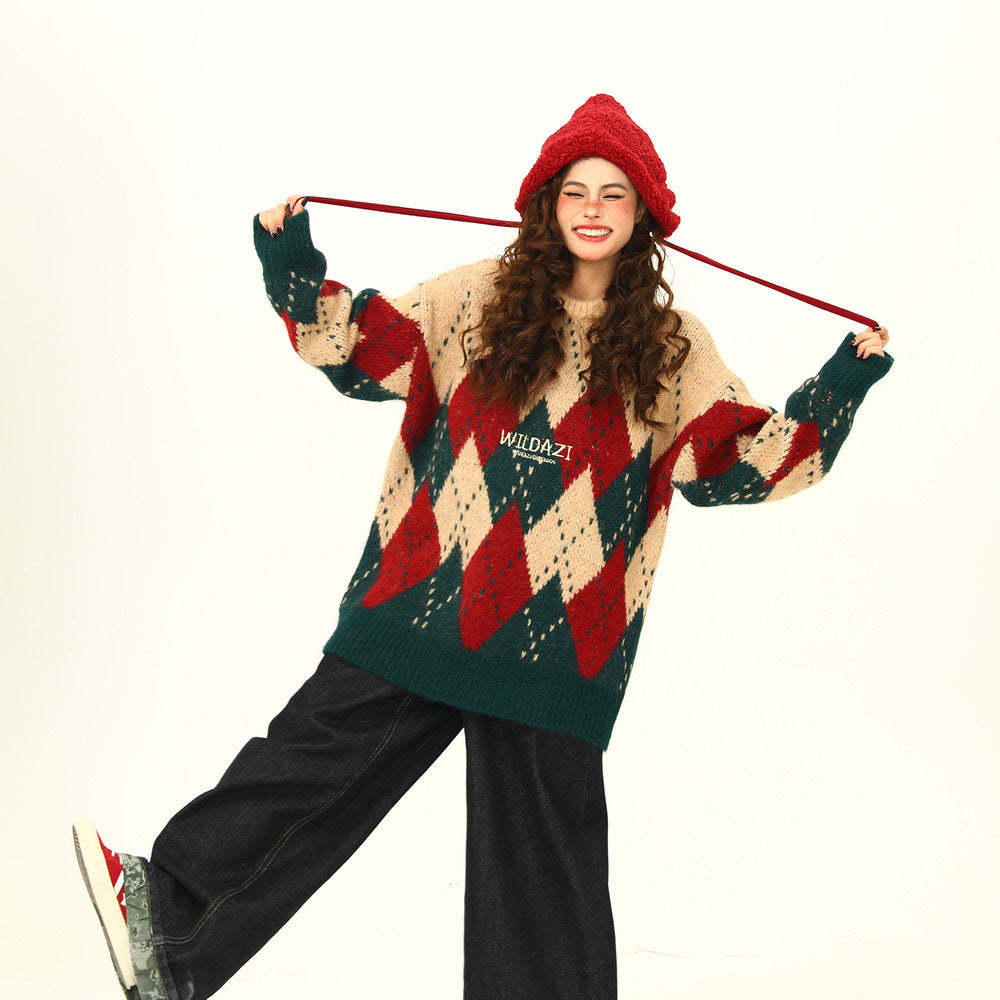 冬季復古氛圍感聖誕毛衣女寬鬆慵懶風針織衫上衣
