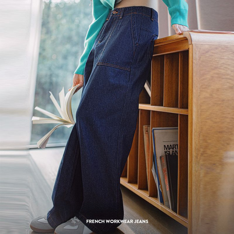 馬登女裝 復古法工褲窄版直筒牛仔褲水洗垂感闊腿褲寬鬆休閒長褲秋冬女