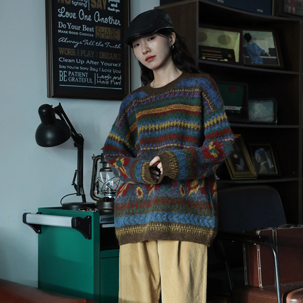 復古提花圓領套頭針織衫寬鬆慵懶風毛衣女秋冬