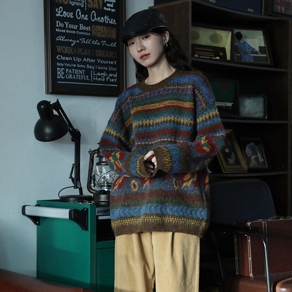 復古提花圓領套頭針織衫寬鬆慵懶風毛衣女秋冬