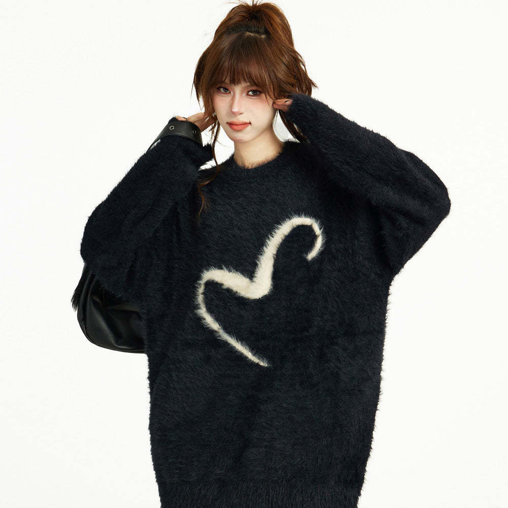 黑色套頭毛衣女秋冬冬季寬鬆慵懶風針織軟糯馬海毛加厚長款設計感