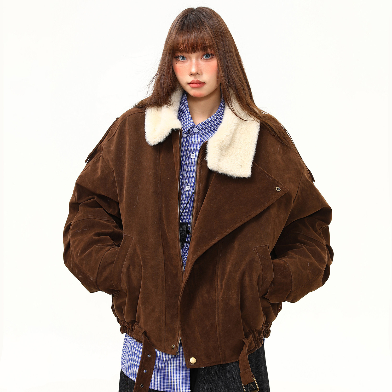 重磅麂皮絨巴恩風棉服外套女美式復古冬季百搭棉衣