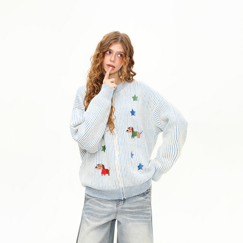 美式復古小狗刺繡條紋針織衫毛衣女秋冬慵懶寬鬆開衫外套