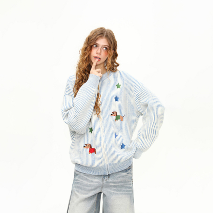 美式復古小狗刺繡條紋針織衫毛衣女秋冬慵懶寬鬆開衫外套