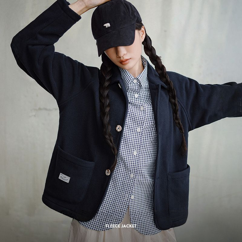 馬登女裝 美式搖粒絨翻領外套暖呼呼保暖夾克休閒開衫抓絨上衣冬季女