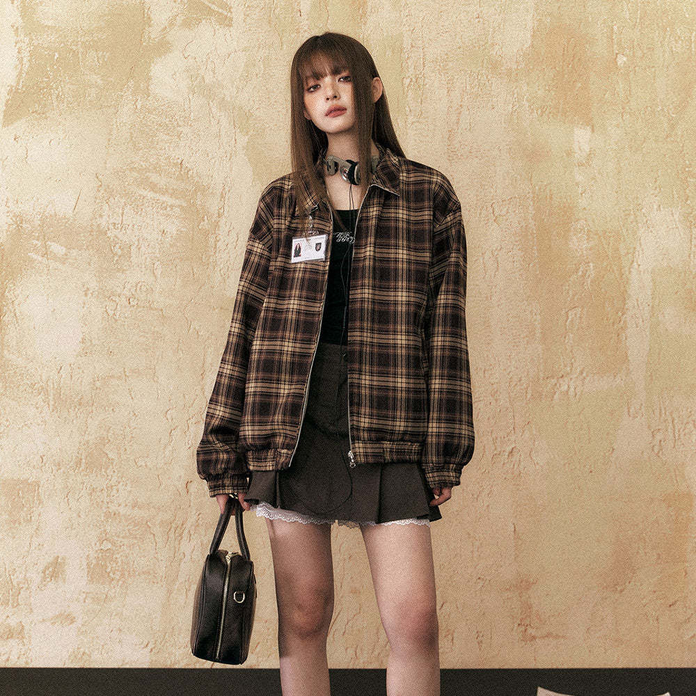 美拉德復古格子外套女春秋拉鍊長袖兩面穿百搭夾克上衣