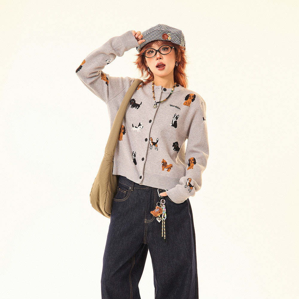 美式復古灰色小狗開衫毛衣女秋冬慵懶風顯瘦針織衫短款外套