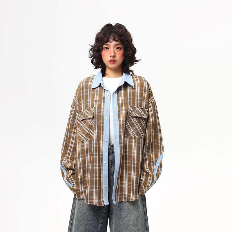 美式復古撞色格子長袖襯衫女春季寬鬆百搭格紋襯衣