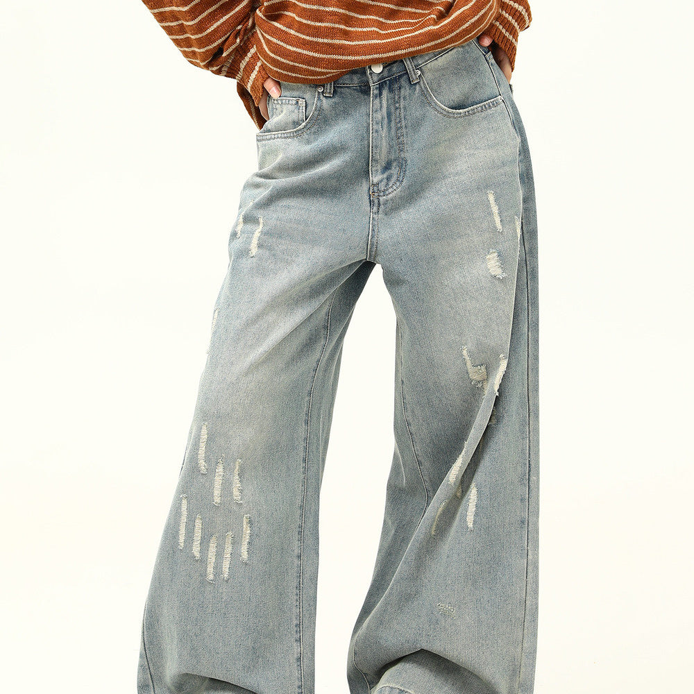 美式復古做舊磨破設計感牛仔褲女寬鬆闊腿拖地老爹褲子