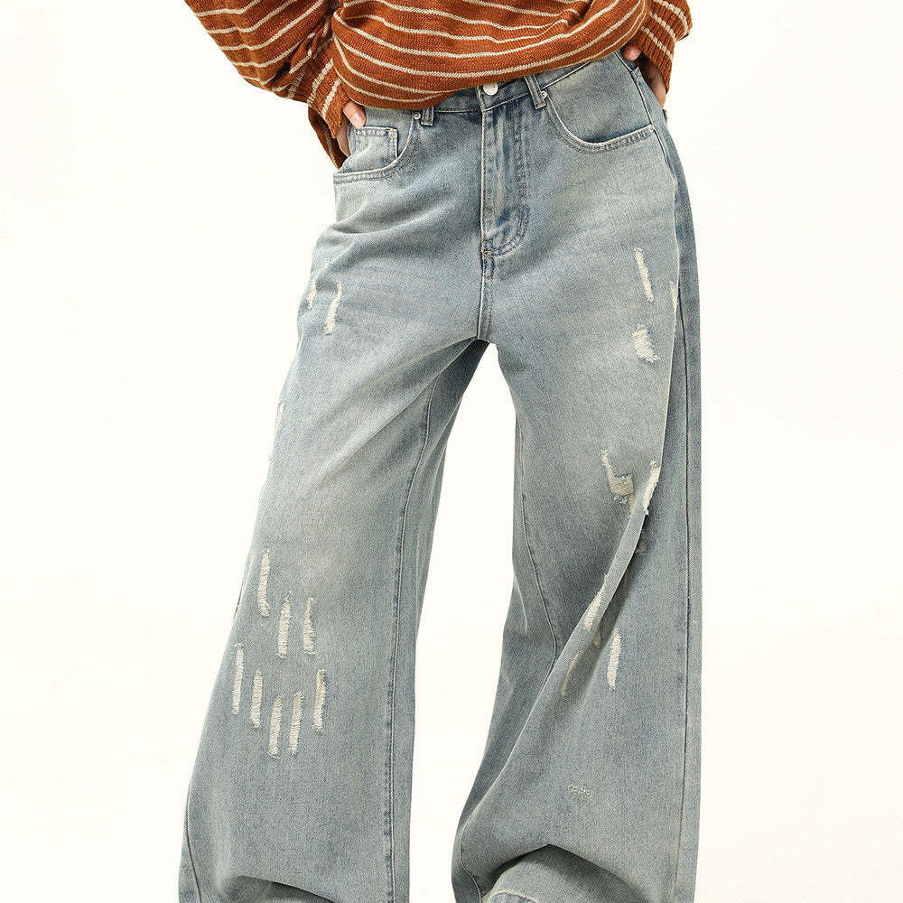 美式復古做舊磨破設計感牛仔褲女寬鬆闊腿拖地老爹褲子