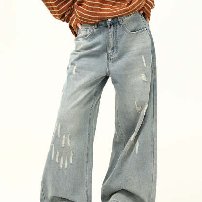 美式復古做舊磨破設計感牛仔褲女寬鬆闊腿拖地老爹褲子