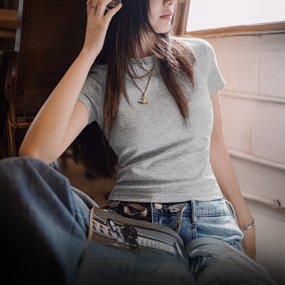 可露麗風7A抗菌圓領T恤復古基礎內搭打底正肩短款半袖夏女