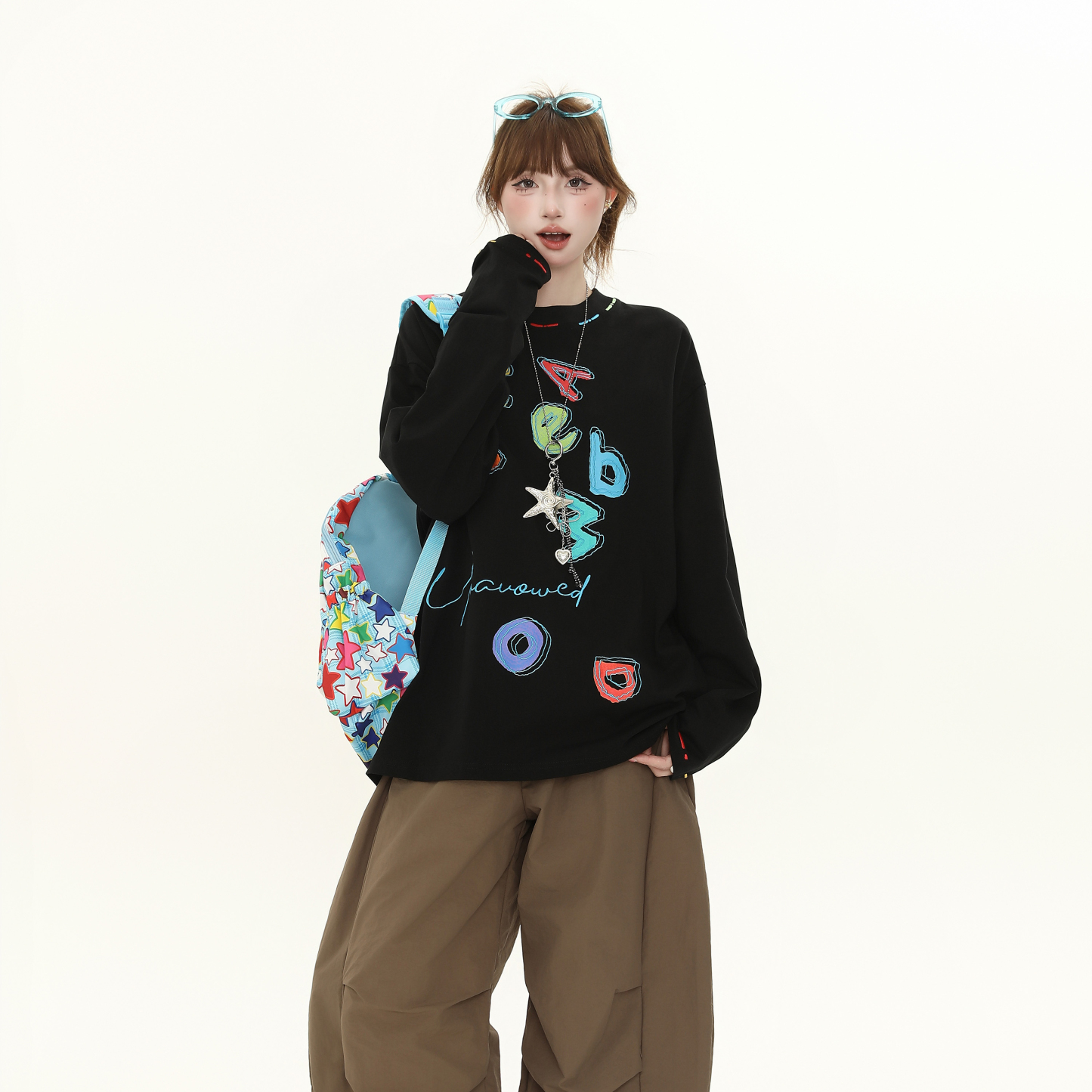 美式復古卡通印花長袖T恤女秋季新款寬鬆顯瘦百搭上衣