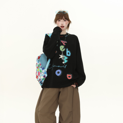 美式復古卡通印花長袖T恤女秋季新款寬鬆顯瘦百搭上衣