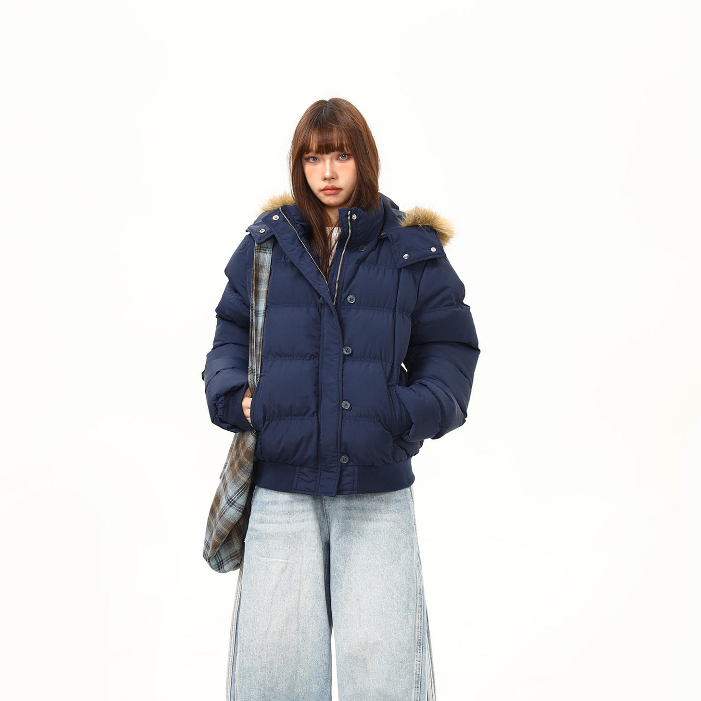 菲奧娜短款藏青色棉服外套女冬季新款加厚保暖棉衣棉襖