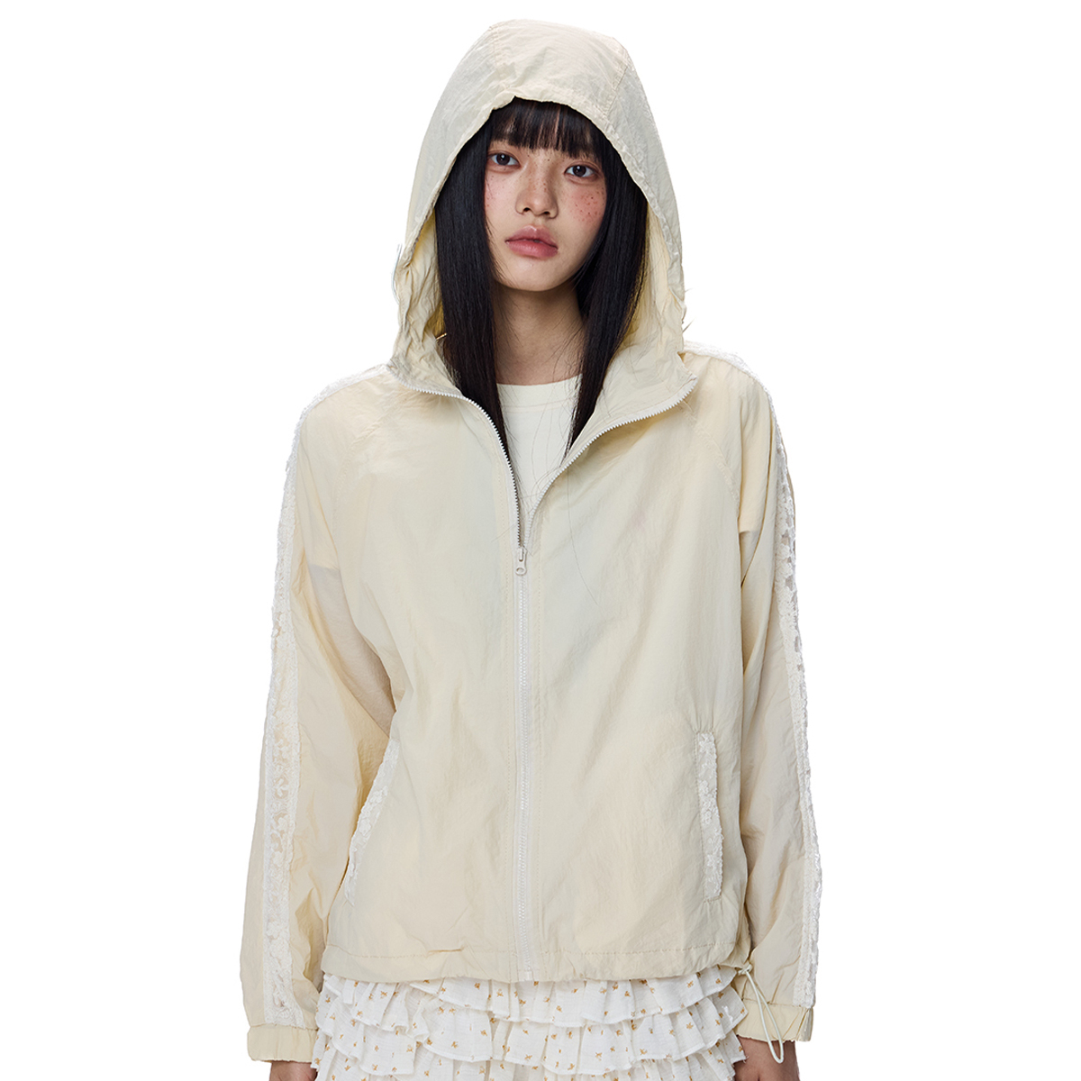 蕾絲拼接UPF50+米色防曬衣女2025年夏季新款戶外連帽防曬服