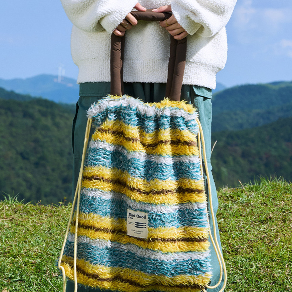 日系彩色條紋撞色短毛提花束口單雙肩包