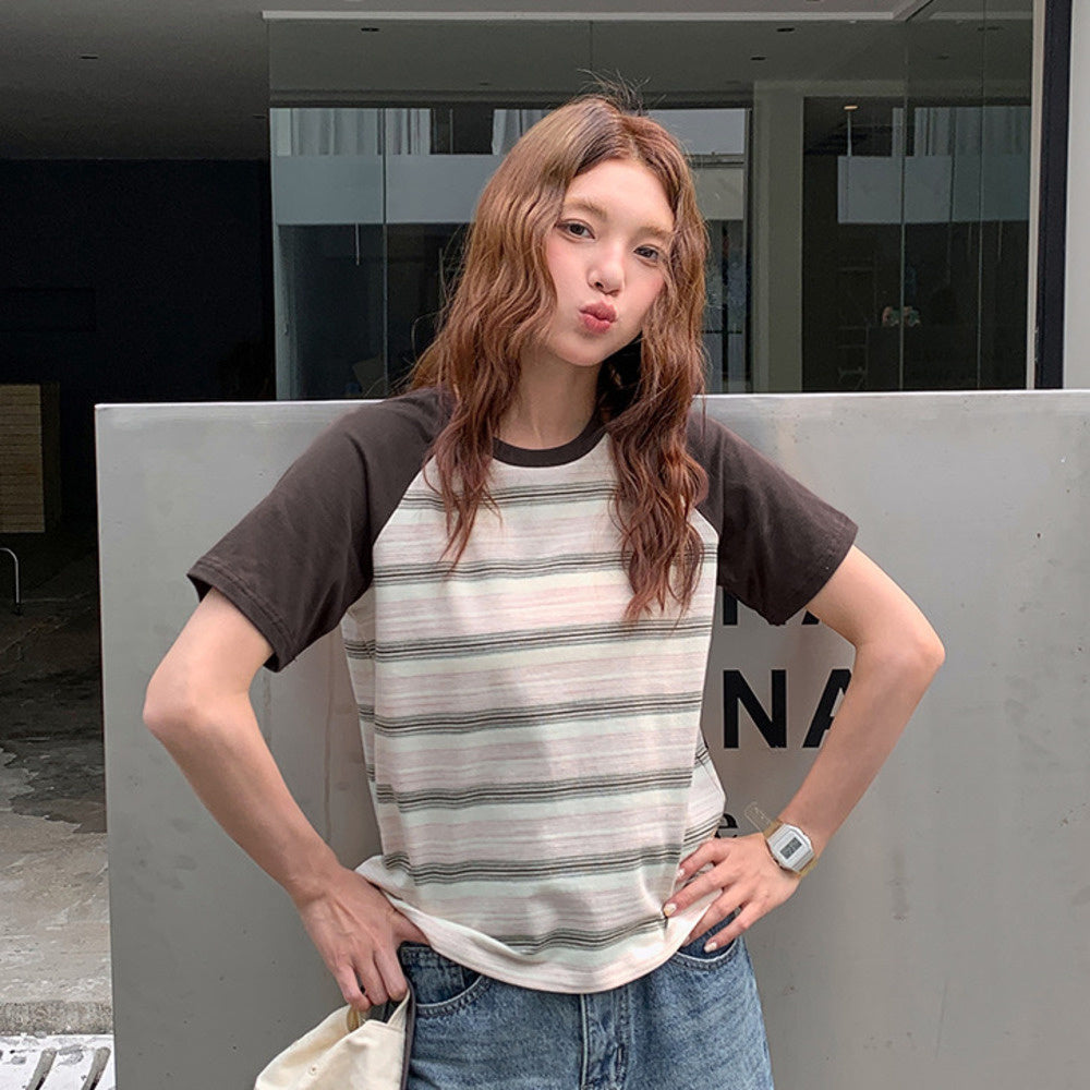 復古撞色條紋短袖t恤女2025新款夏正肩小個子顯瘦休閒