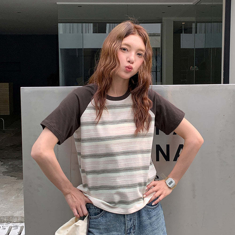 復古撞色條紋短袖t恤女2025新款夏正肩小個子顯瘦休閒