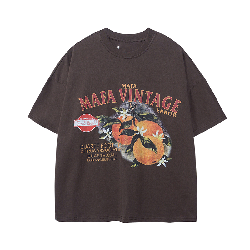 美式復古橘子印花薑黃色短袖T恤女夏季氛圍感穿搭半袖tee