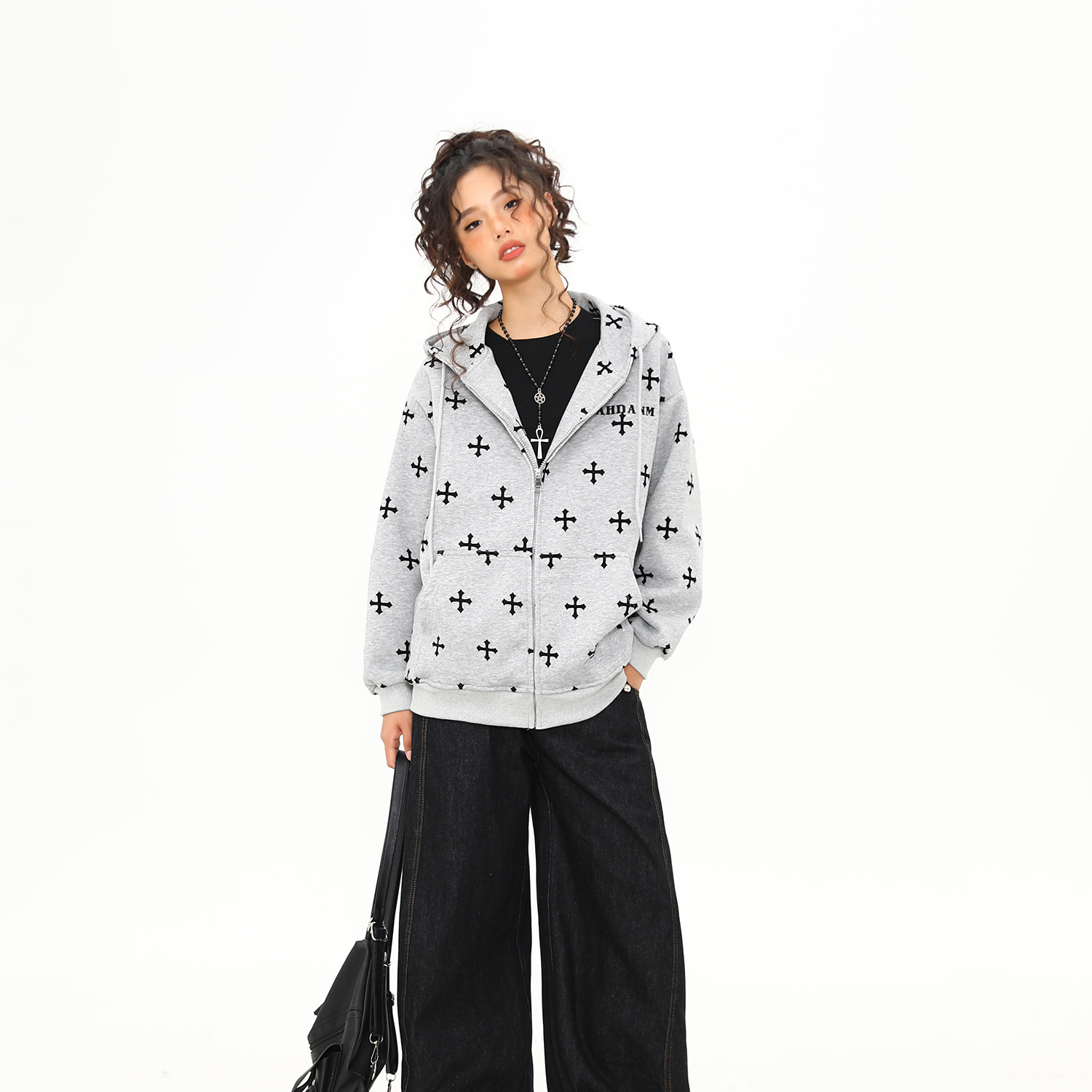 美式復古十字架印花連帽衛衣女秋冬寬鬆慵懶風拉鍊外套