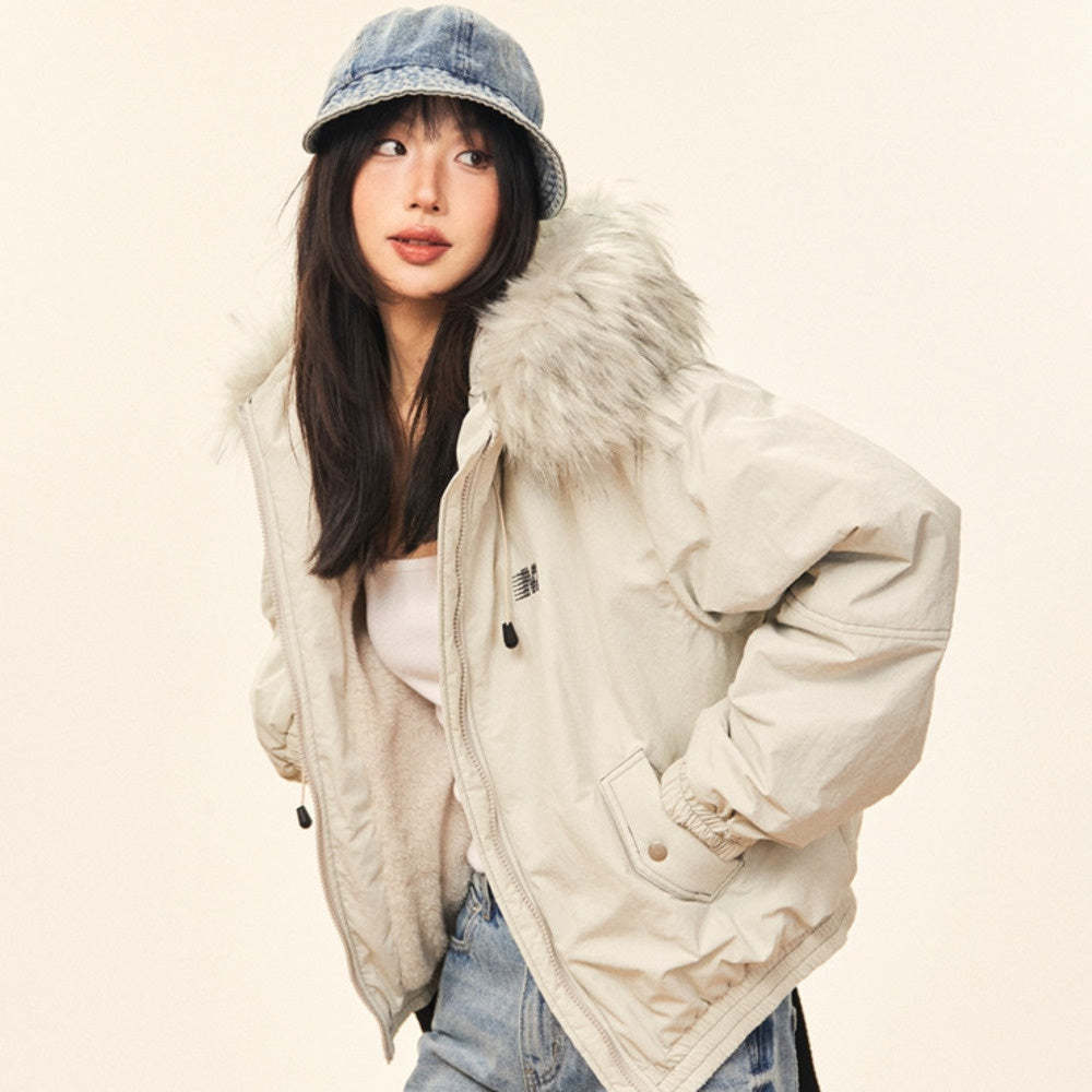 美式復古毛領連帽棉服女冬季加厚小個子短款棉衣派克服外套