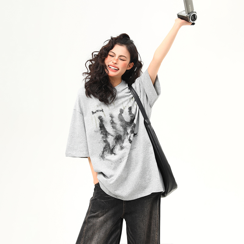 美式復古模糊人像印花短袖T恤女夏季圓領純棉T賉