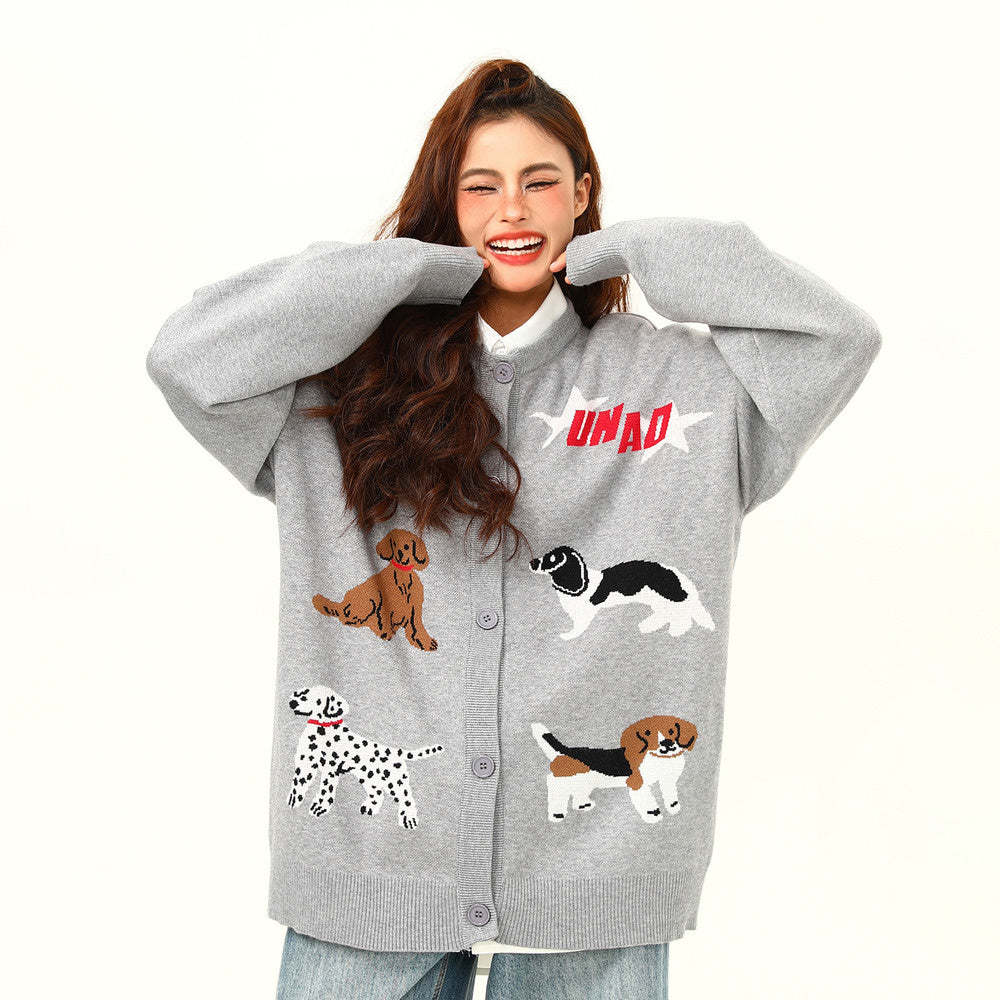 美式復古卡通小狗刺繡針織開衫毛衣女秋季新款慵懶風上衣