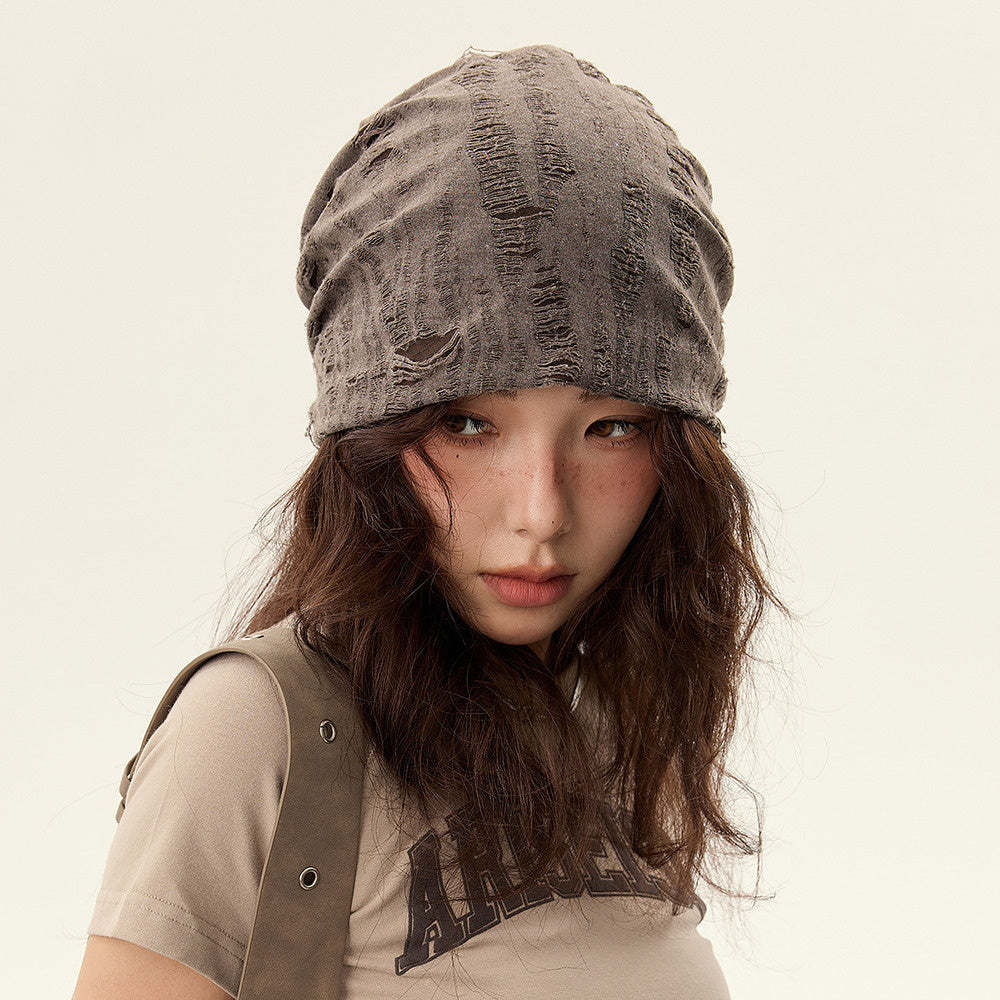 美式復古破洞做舊堆堆帽女咖啡色顯臉小棕色街頭休閒包頭巾冷帽子