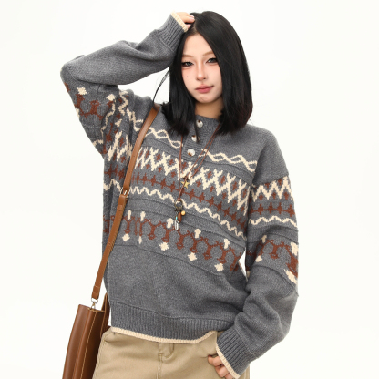 秋冬新款美式復古針織衫毛衣女寬鬆慵懶風套頭上衣