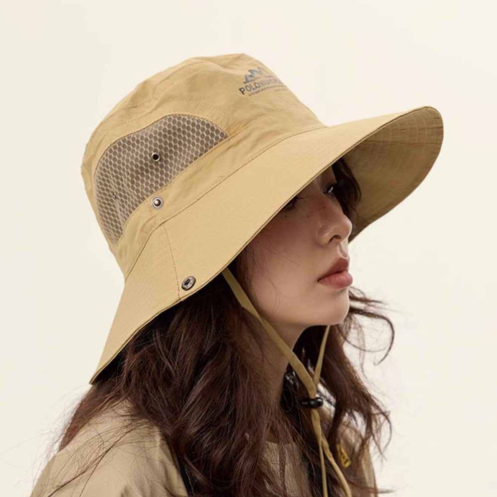 美式復古休閒卡其色登山帽女夏季防曬透氣遮陽漁夫帽子釣魚露營帽