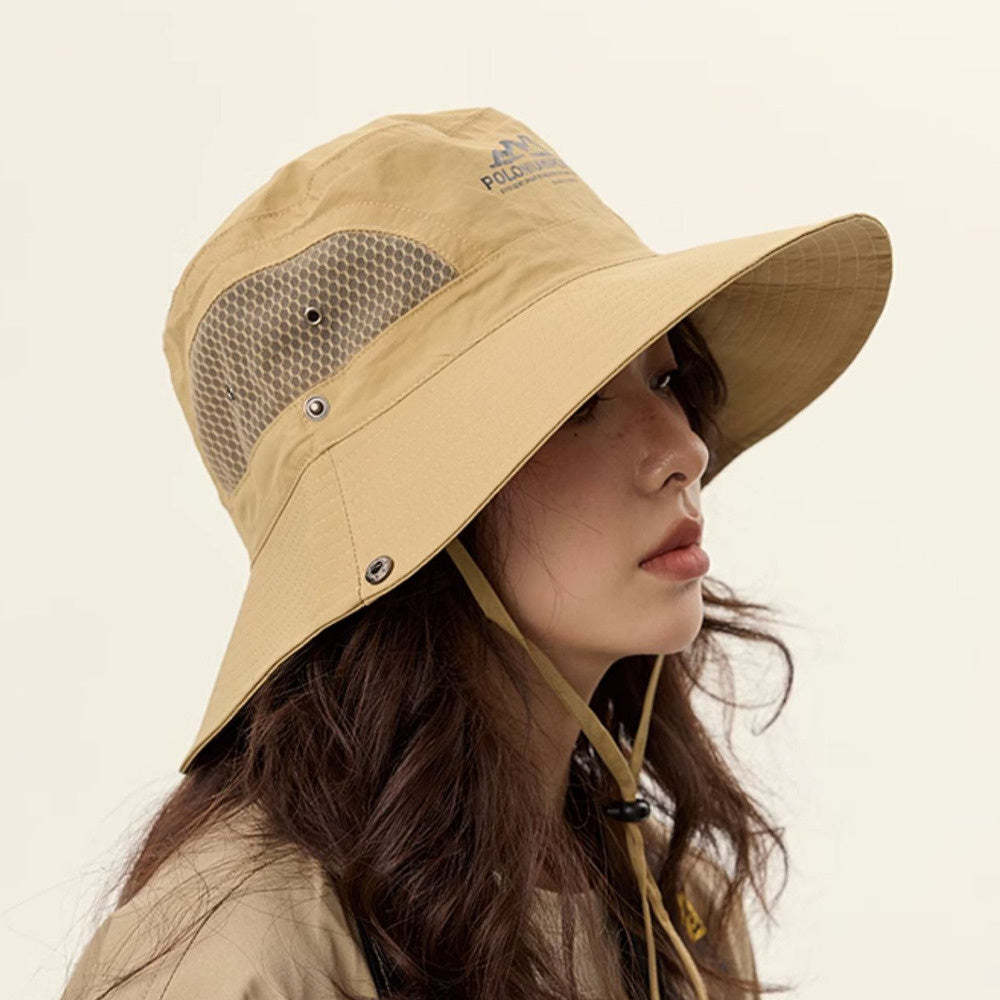 美式復古休閒卡其色登山帽女夏季防曬透氣遮陽漁夫帽子釣魚露營帽