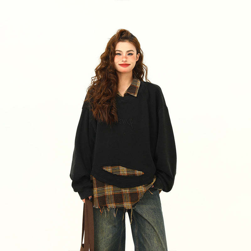 假兩件設計感做舊復古拼接衛衣女美式街頭嘻哈外套