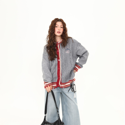 美式復古學院風撞色開衫毛衣女秋冬慵懶粗麻花針織衫外套