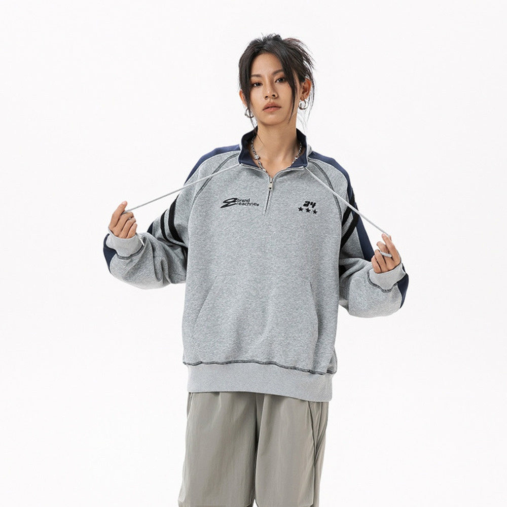 美式學院風拼條套頭半拉鍊衛衣女春秋新款運動休閒寬鬆外套