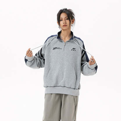 美式學院風拼條套頭半拉鍊衛衣女春秋新款運動休閒寬鬆外套