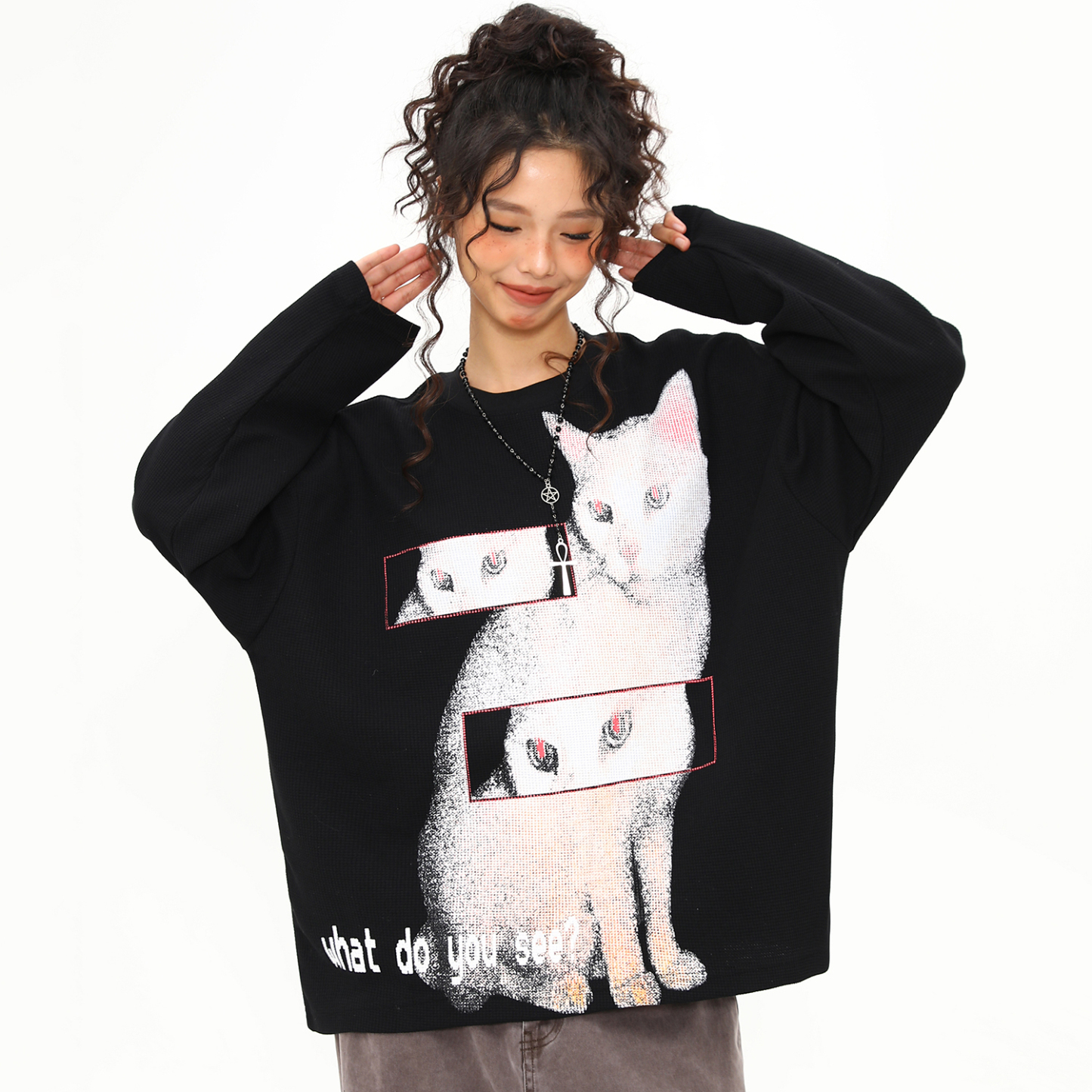 美式復古猫咪印花設計感圓領長袖T恤女秋冬新款百搭上衣