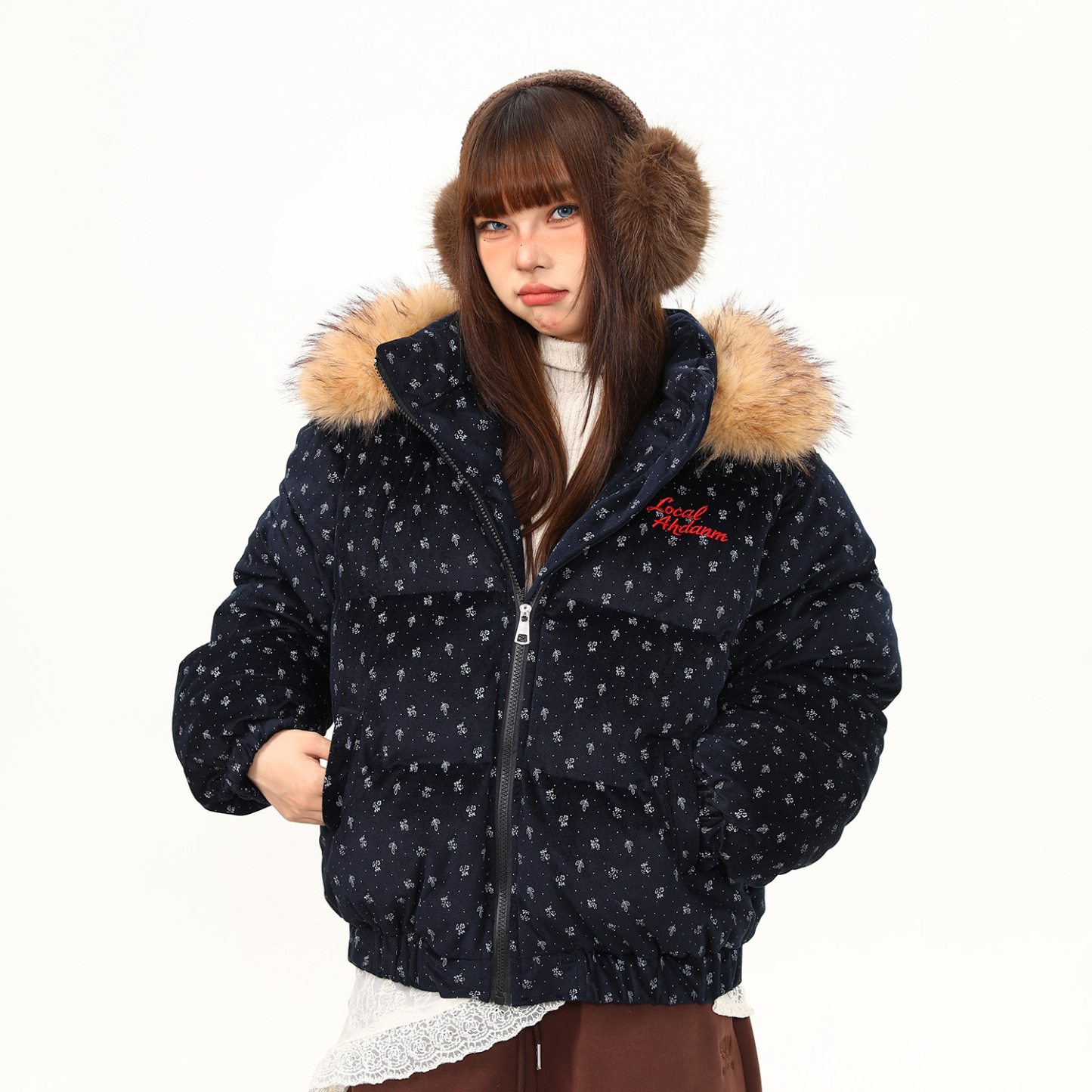 棉服女美式復古碎花設計感外套女冬季保暖加厚可拆卸棉衣