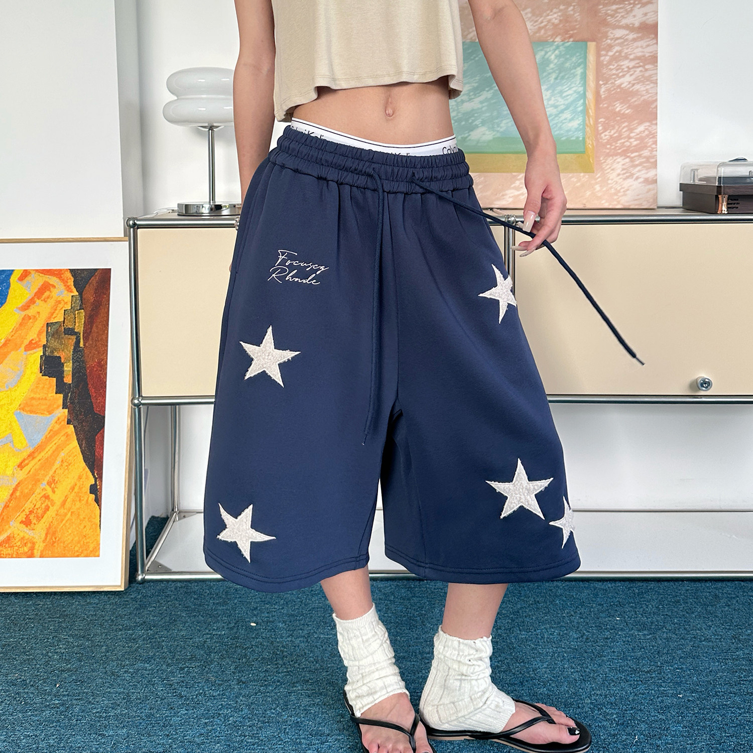 美式星星貼布繡闊腿衛褲女夏季潮流寬鬆慵懶風七分短褲