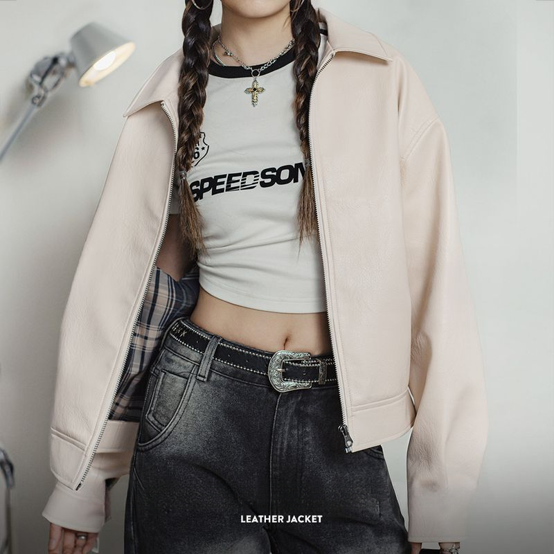 馬登女裝 美式復古米白色皮衣外套寬鬆機車短款夾克通勤外套上衣春秋女