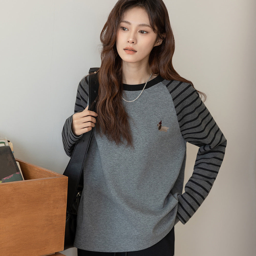 撞色條紋內搭長袖t恤女2025春季休閒打底衫上衣