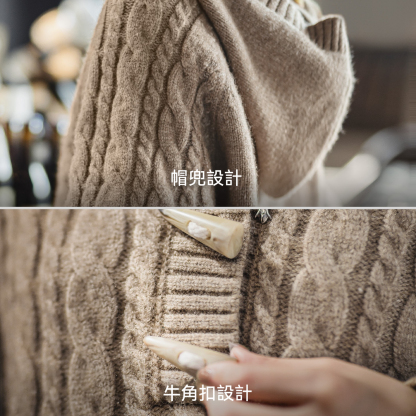 咖色半開領寬鬆加厚保暖套頭連帶帽針織毛衣衛衣外穿女士秋冬