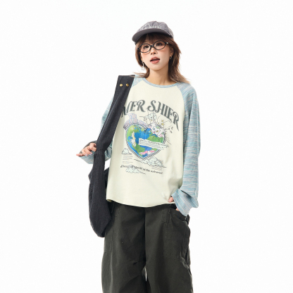 美式復古撞色條紋長袖T恤女春季插肩袖寬鬆圓領打底衫上衣